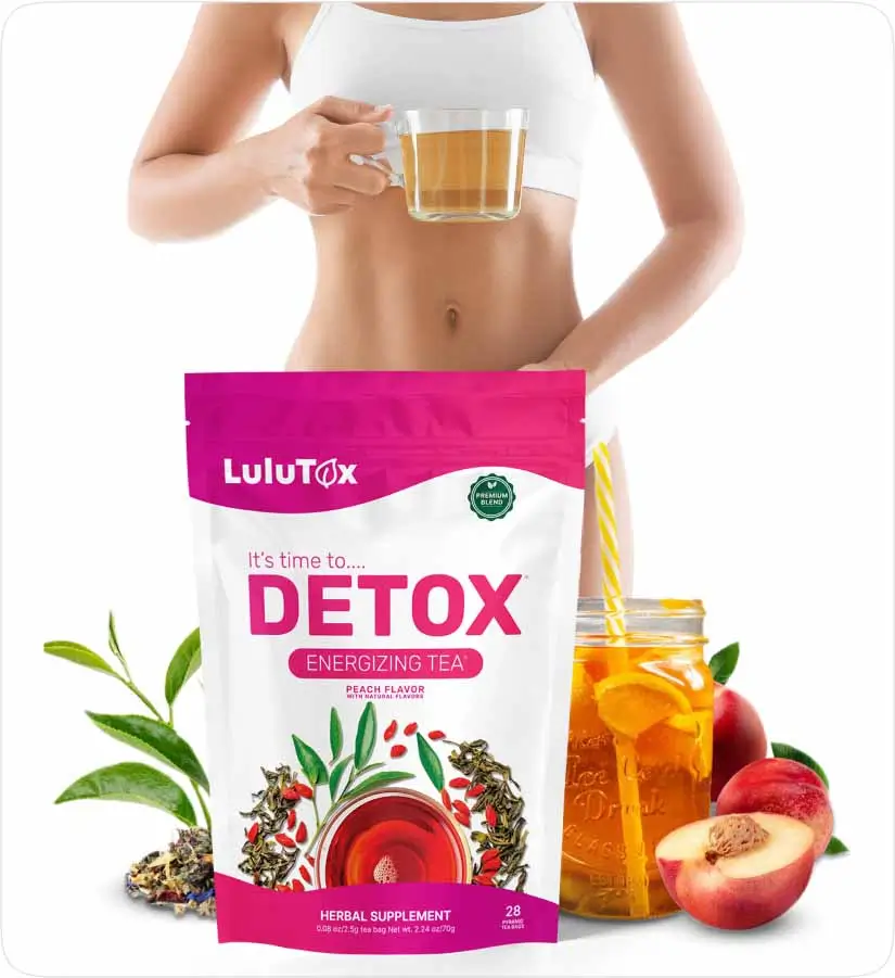 Lulutox Detox Tea pouch displayed with a glass of tea